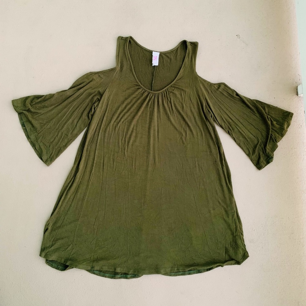 Olive Green Tshirt Dress with Cut-Out shoulders